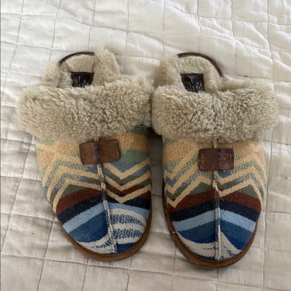 Blue and Brown Pendleton X Ugg Collab Shearling Slippers